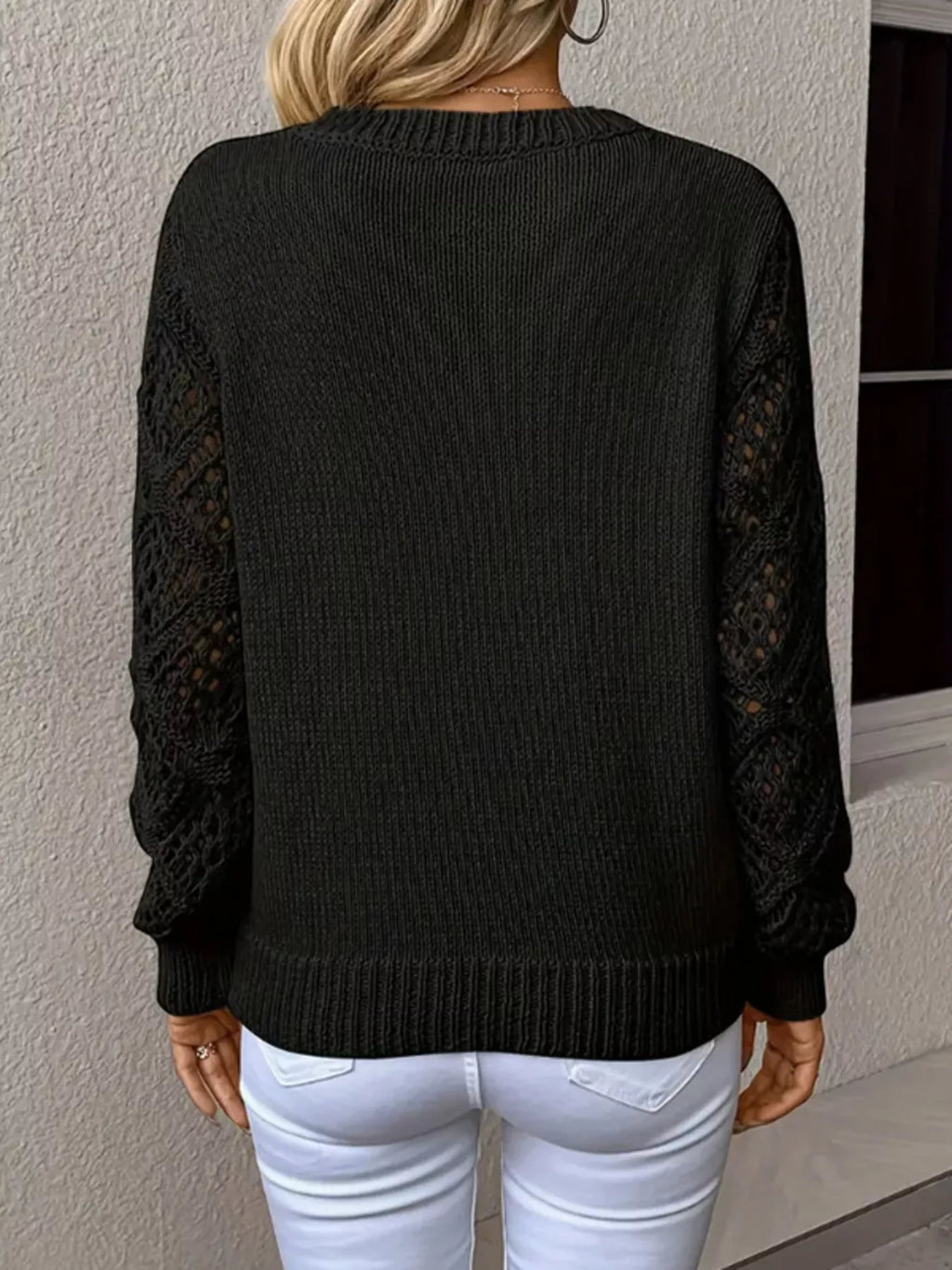 Women V-Neck Hollow-Out Sleeve Knit Pullover Sweater