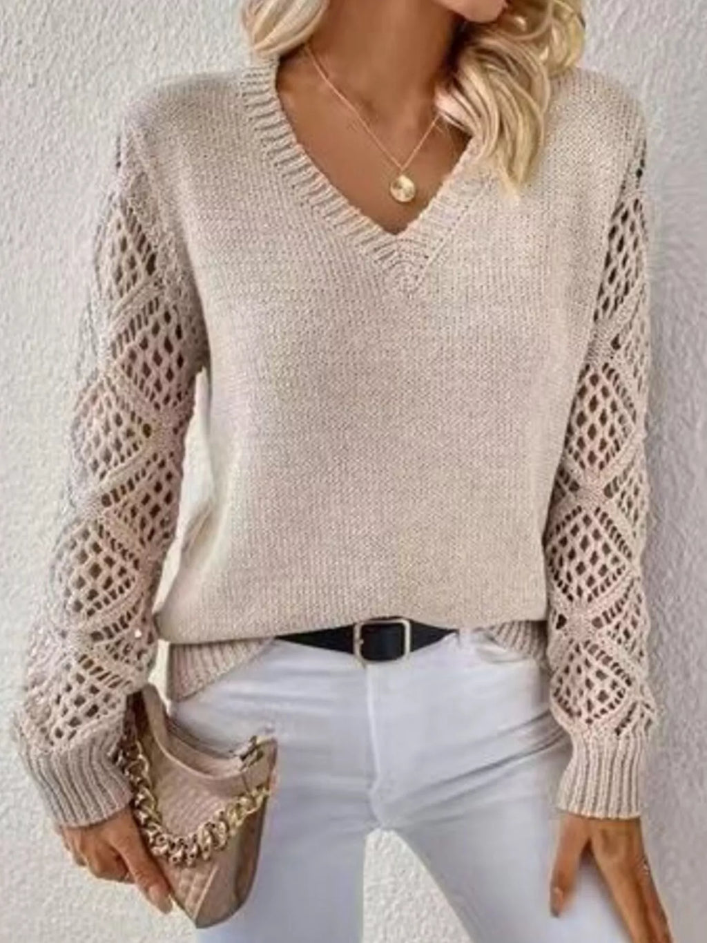 Women V-Neck Hollow-Out Sleeve Knit Pullover Sweater
