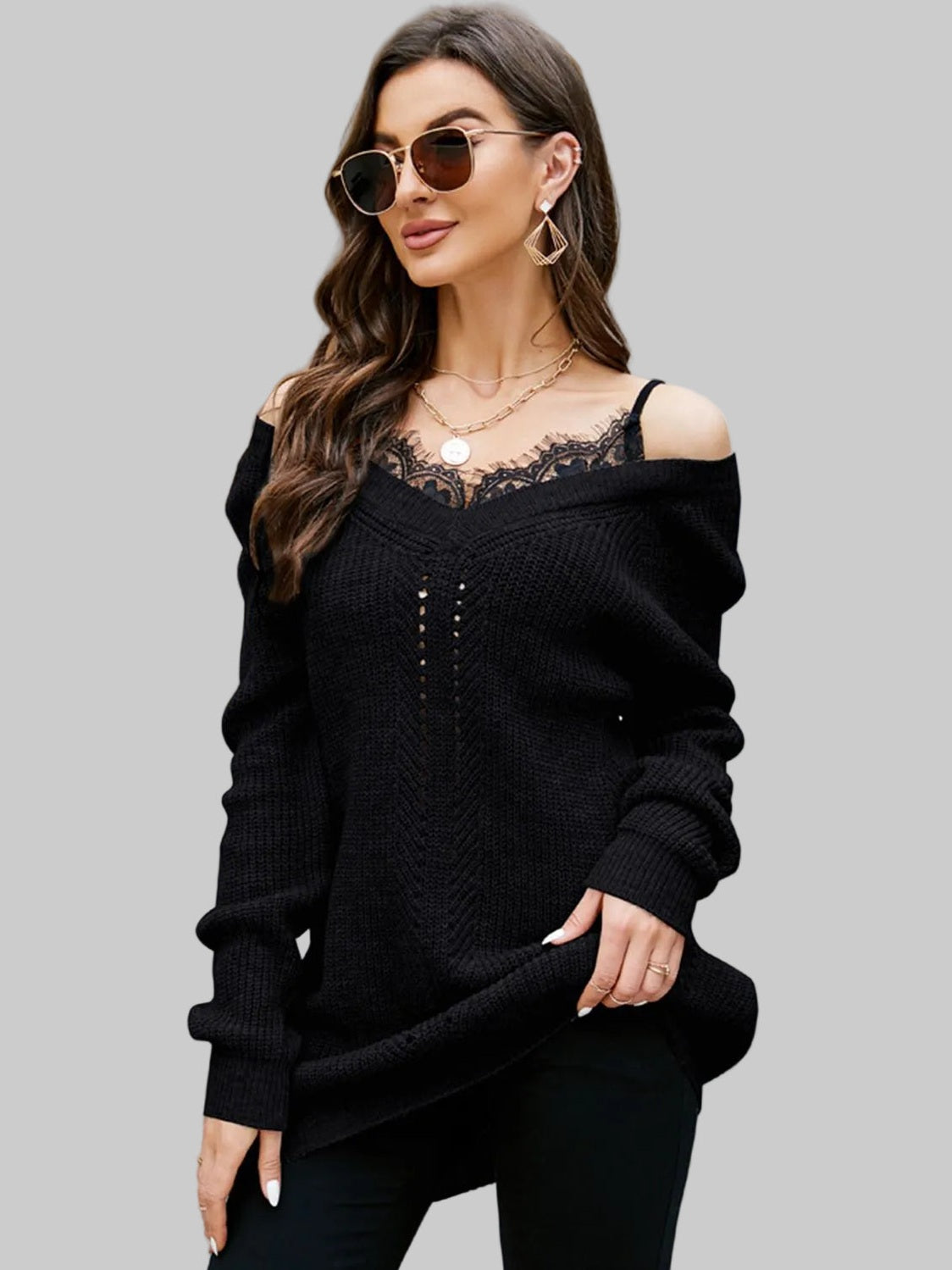 Women Openwork V-Neck Long Sleeve  Pullover Sweater