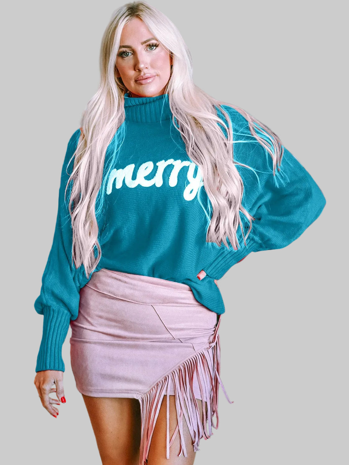 Women Full Size Merry Christmas Turtleneck Long Sleeve Sweater