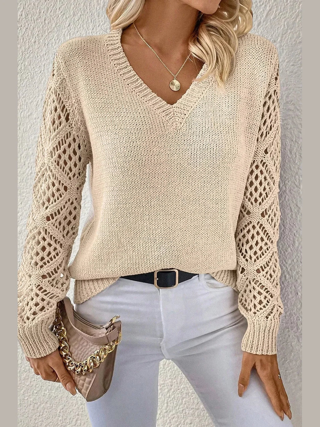 Women V-Neck Crochet Sleeve Sweater