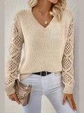 Women V-Neck Crochet Sleeve Sweater