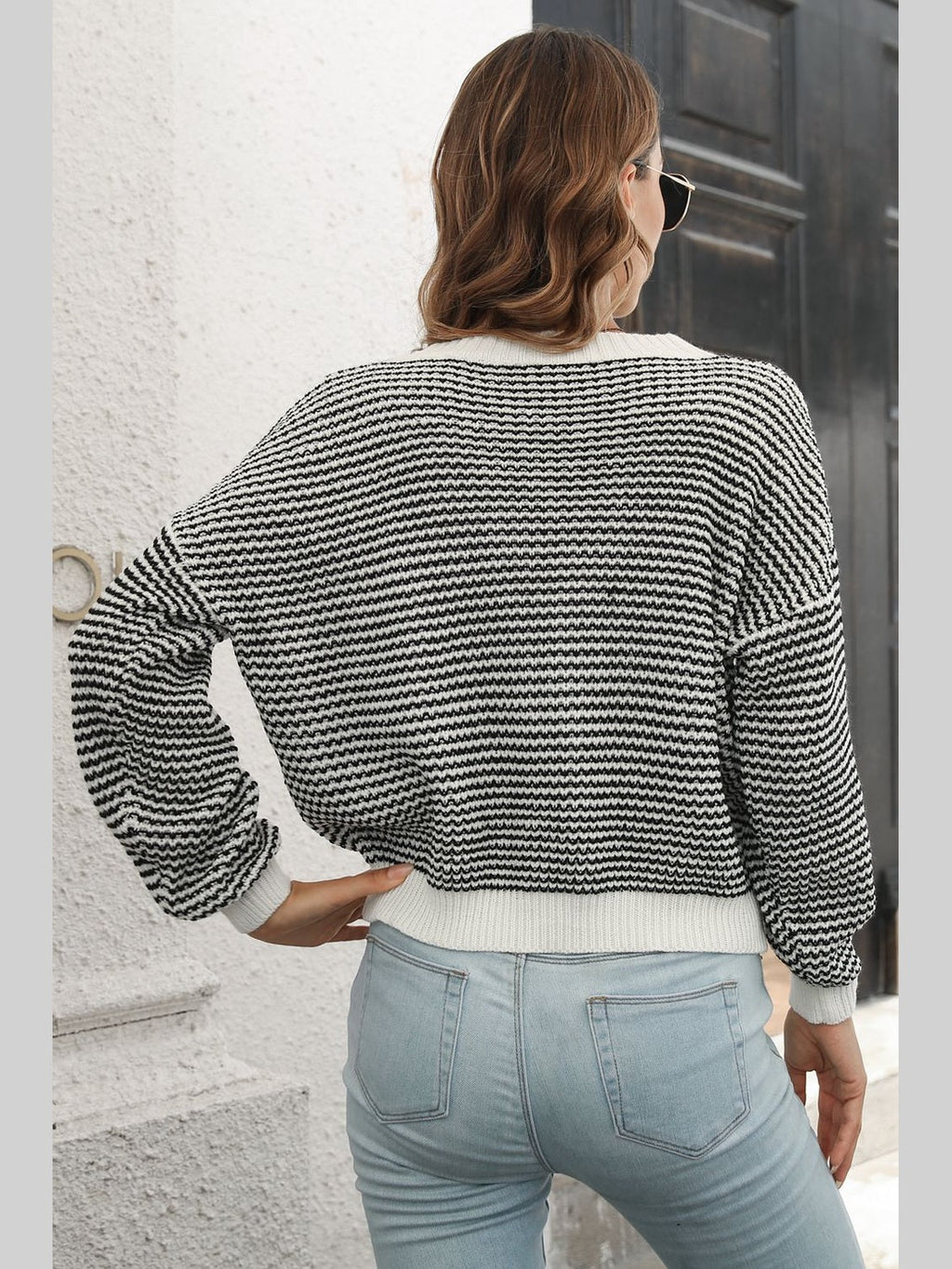 Striped Round Neck Dropped Shoulder Sweater