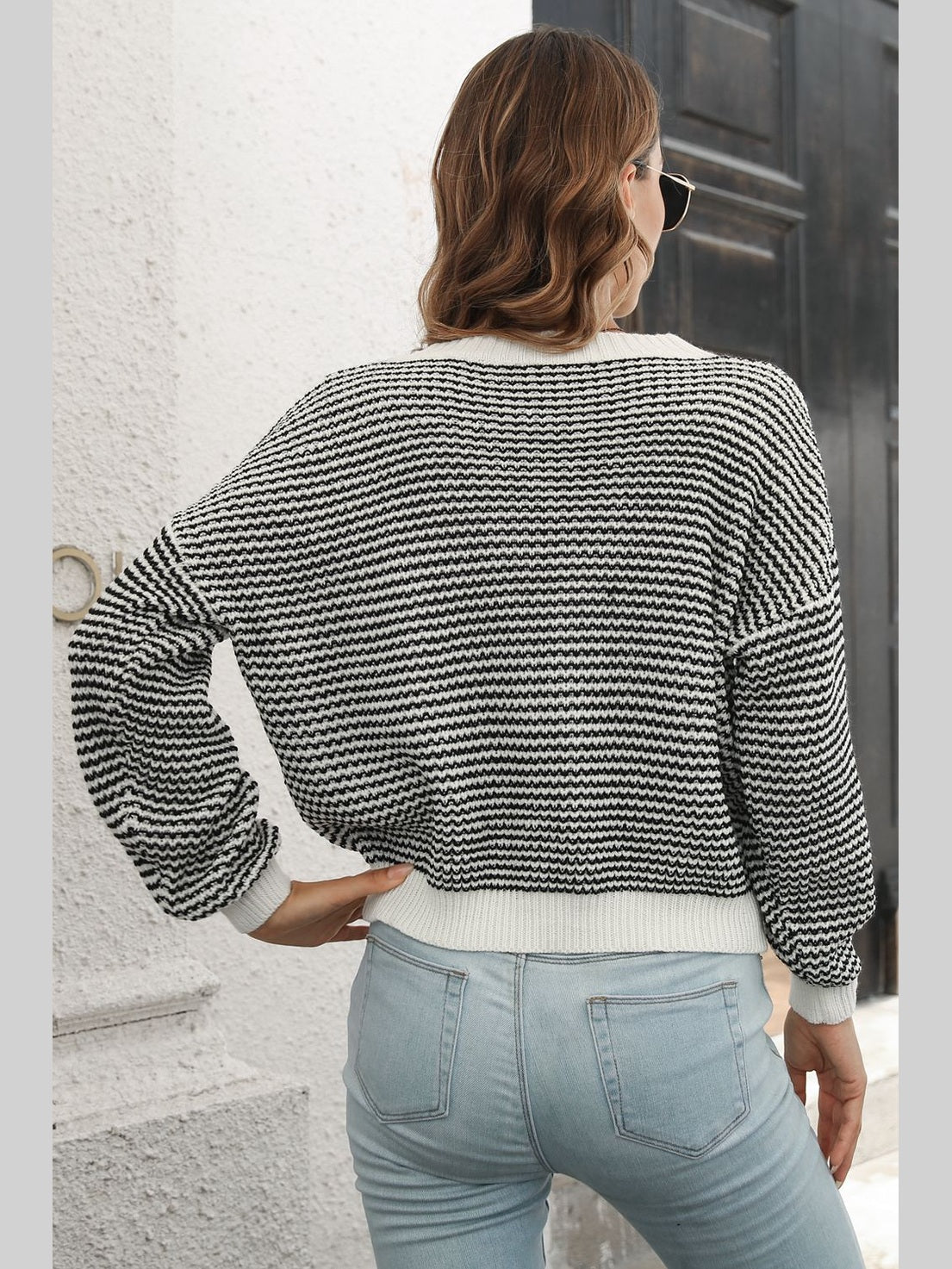 Striped Round Neck Dropped Shoulder Sweater