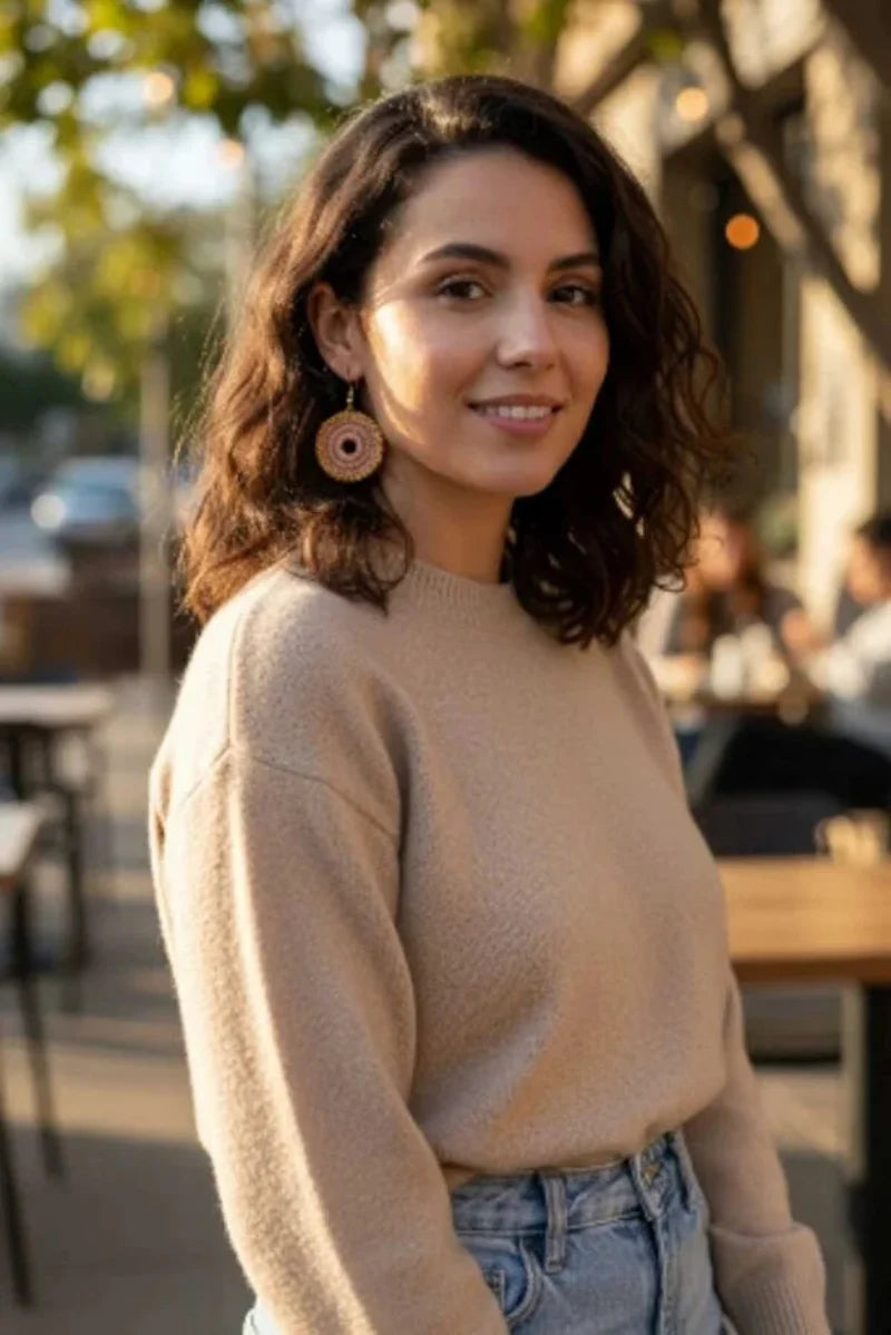 Women’s Handmade Rose Crochet Dangling Earrings – Circular Knit Design