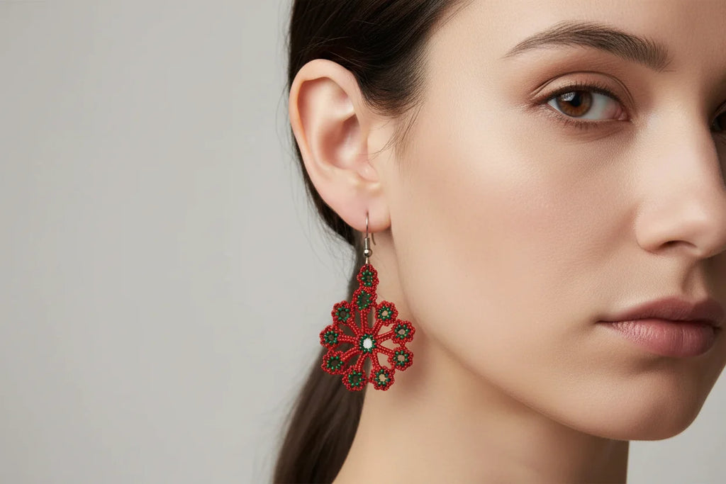 Women’s Handmade Red & Green Daisy Earrings – Artisan Floral Design