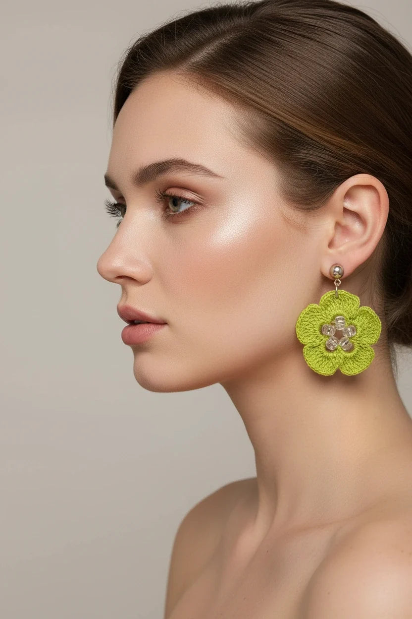Women’s Handmade Colorful Crochet Flower Earrings – Boho Summer Drop Design