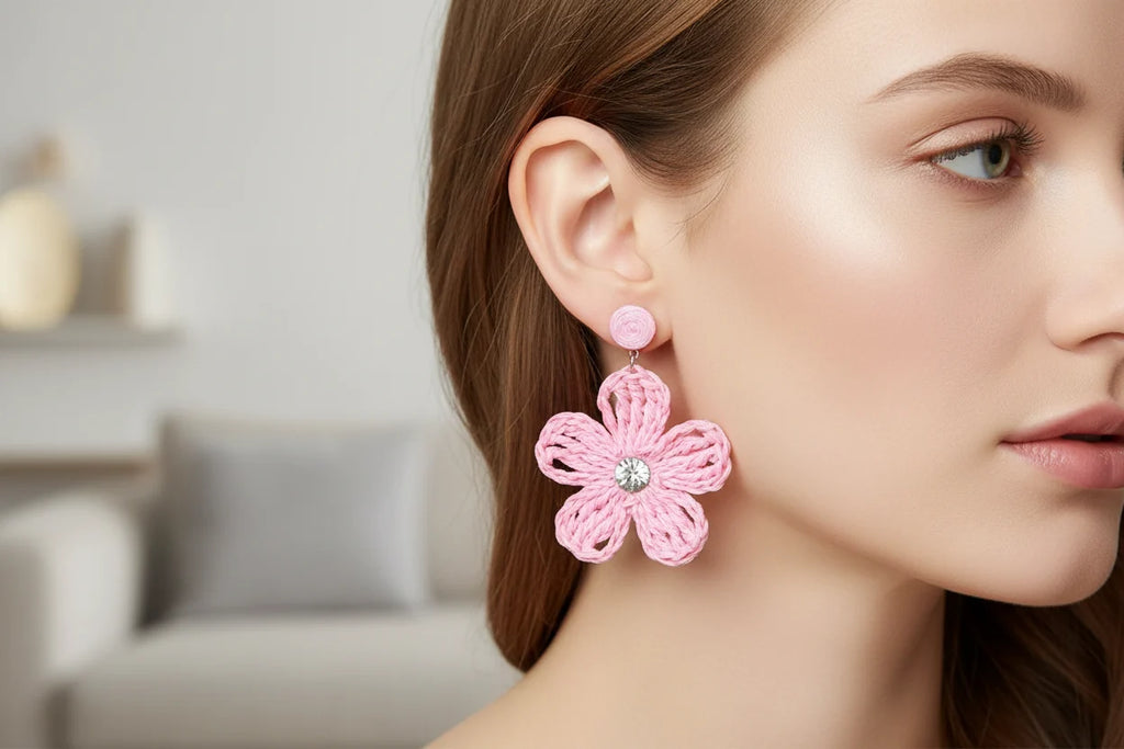 Women’s Handmade Pink Daisy Earrings – Crystal Bead Clip-On