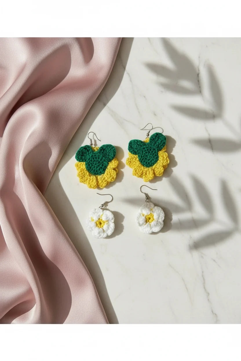 Handmade Daisy Crochet Earrings – 2-Pair Set for Women