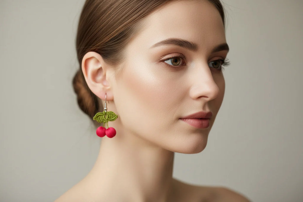 Handmade Cherry Oya Needle Lace Earrings for Women – Boho Style