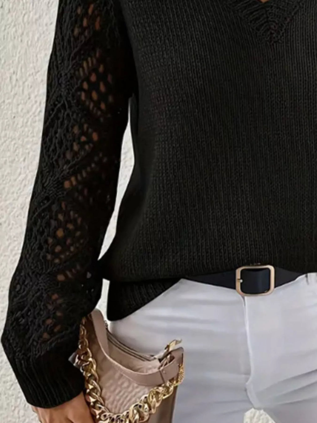 Women V-Neck Hollow-Out Sleeve Knit Pullover Sweater
