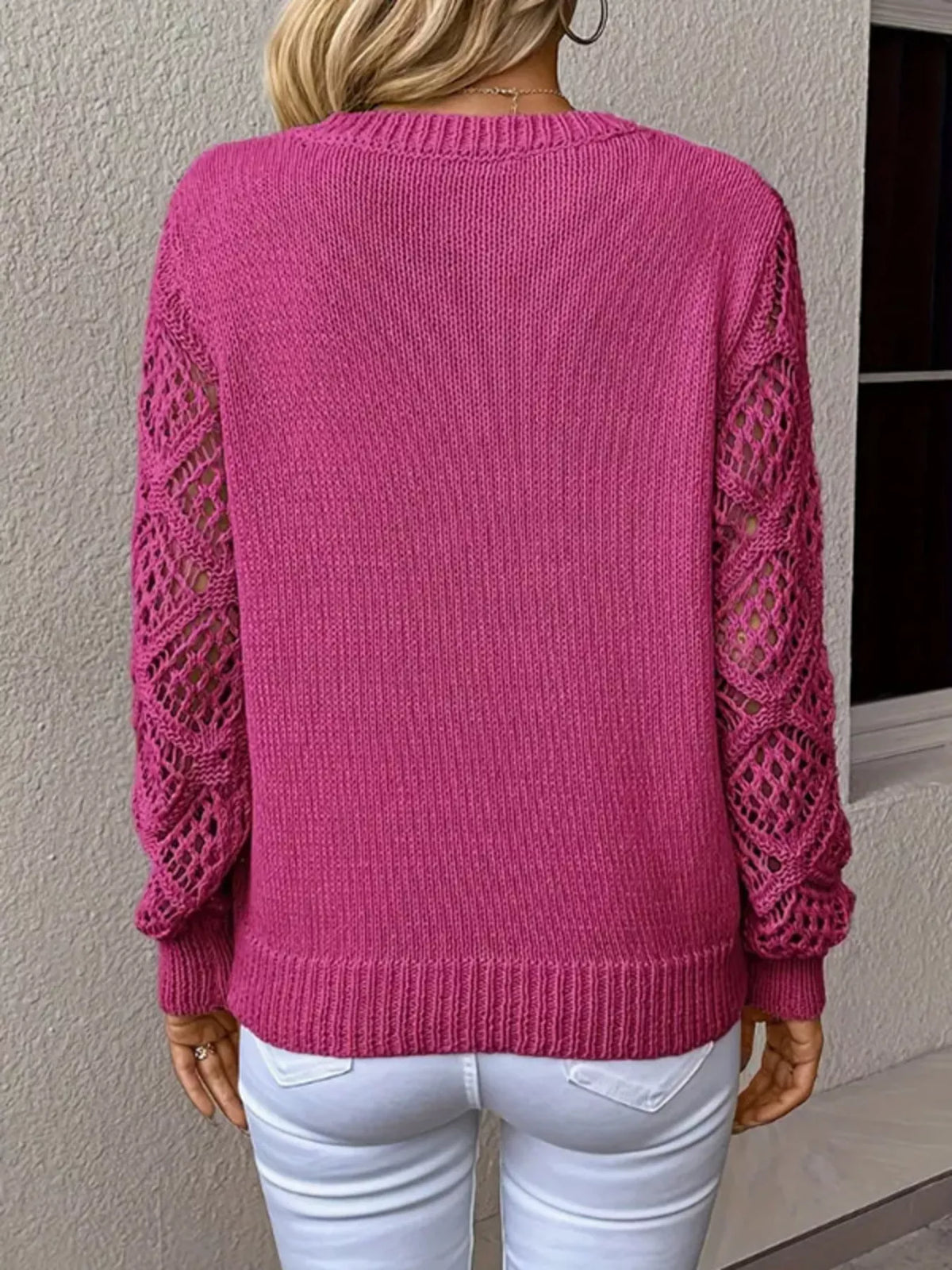 Women V-Neck Hollow-Out Sleeve Knit Pullover Sweater