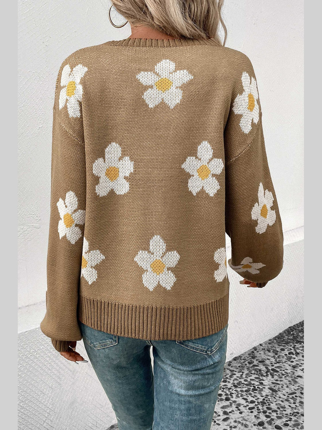 Perfee Floral Dropped Shoulder Sweater