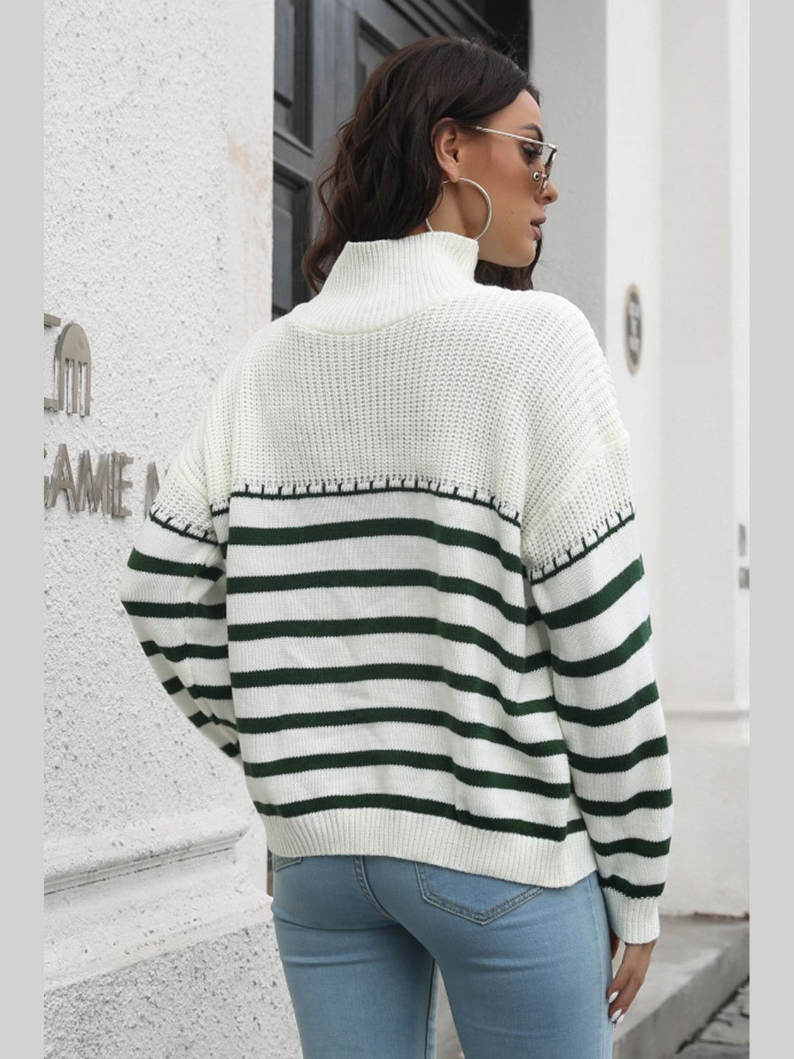 Striped Turtleneck Drop Shoulder Sweater