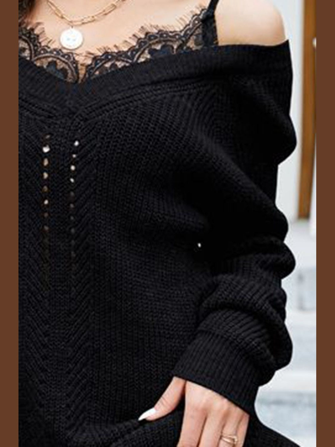 Women Openwork V-Neck Long Sleeve  Pullover Sweater