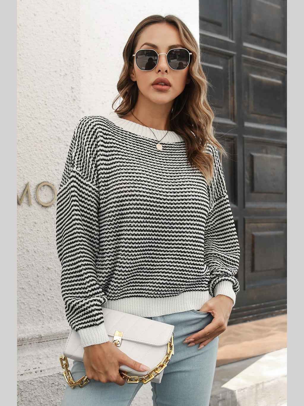 Striped Round Neck Dropped Shoulder Sweater