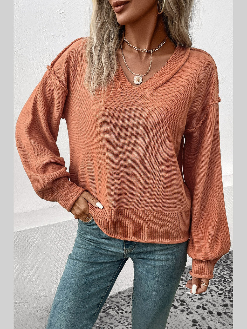 Perfee V-Neck Exposed Seam Sweater