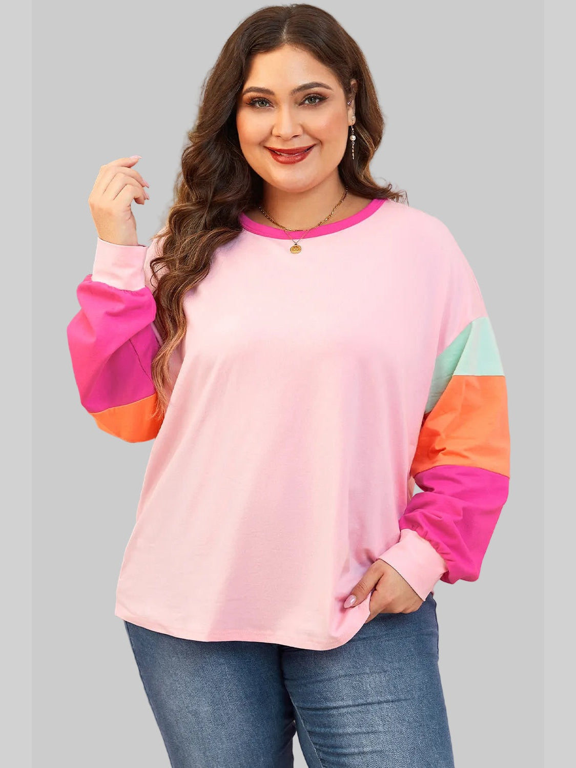 Plus Size Women Pink Colorblock Patchwork Long Sleeve Top