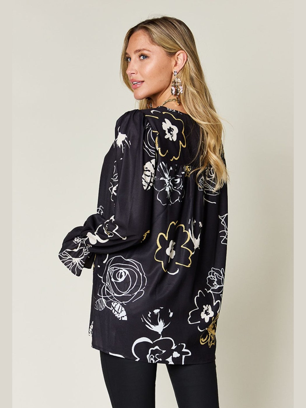 Women Double Take Full Size Printed Flounce Sleeve Blouse