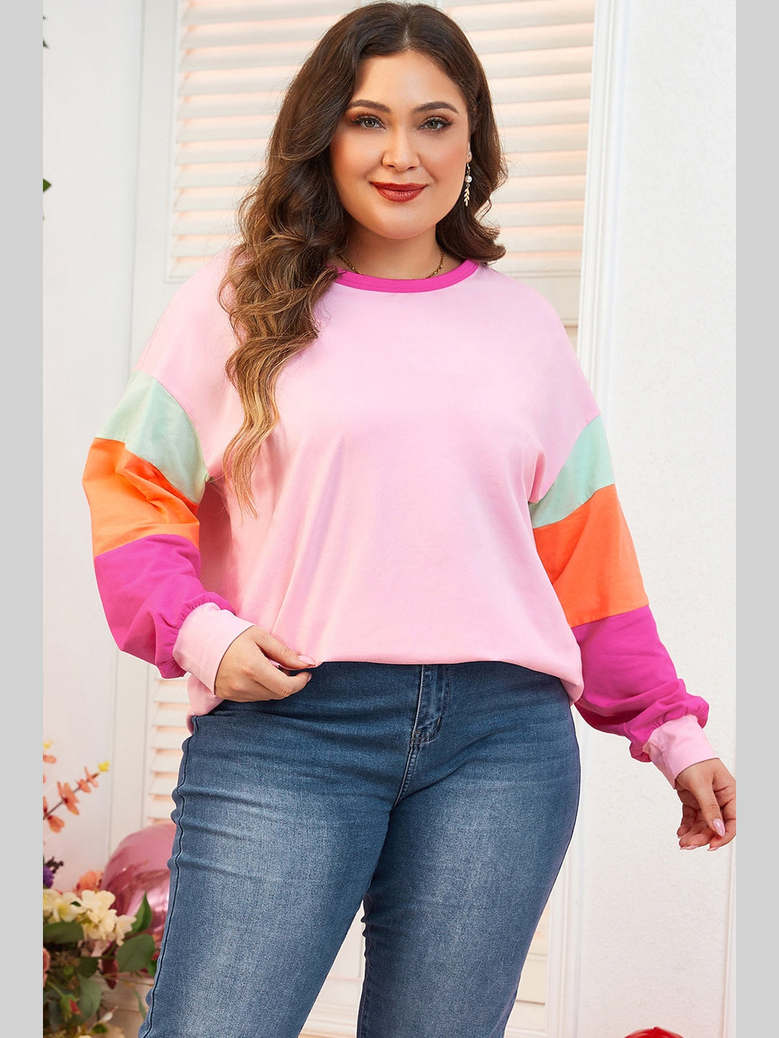 Plus Size Women Pink Colorblock Patchwork Long Sleeve Top