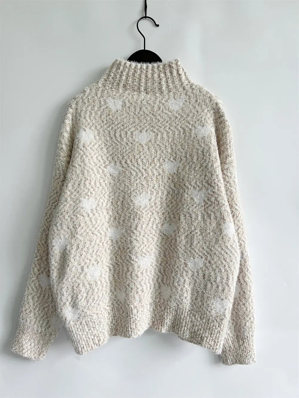 Women Heart Heathered Turtleneck Drop Shoulder Pullover Sweater