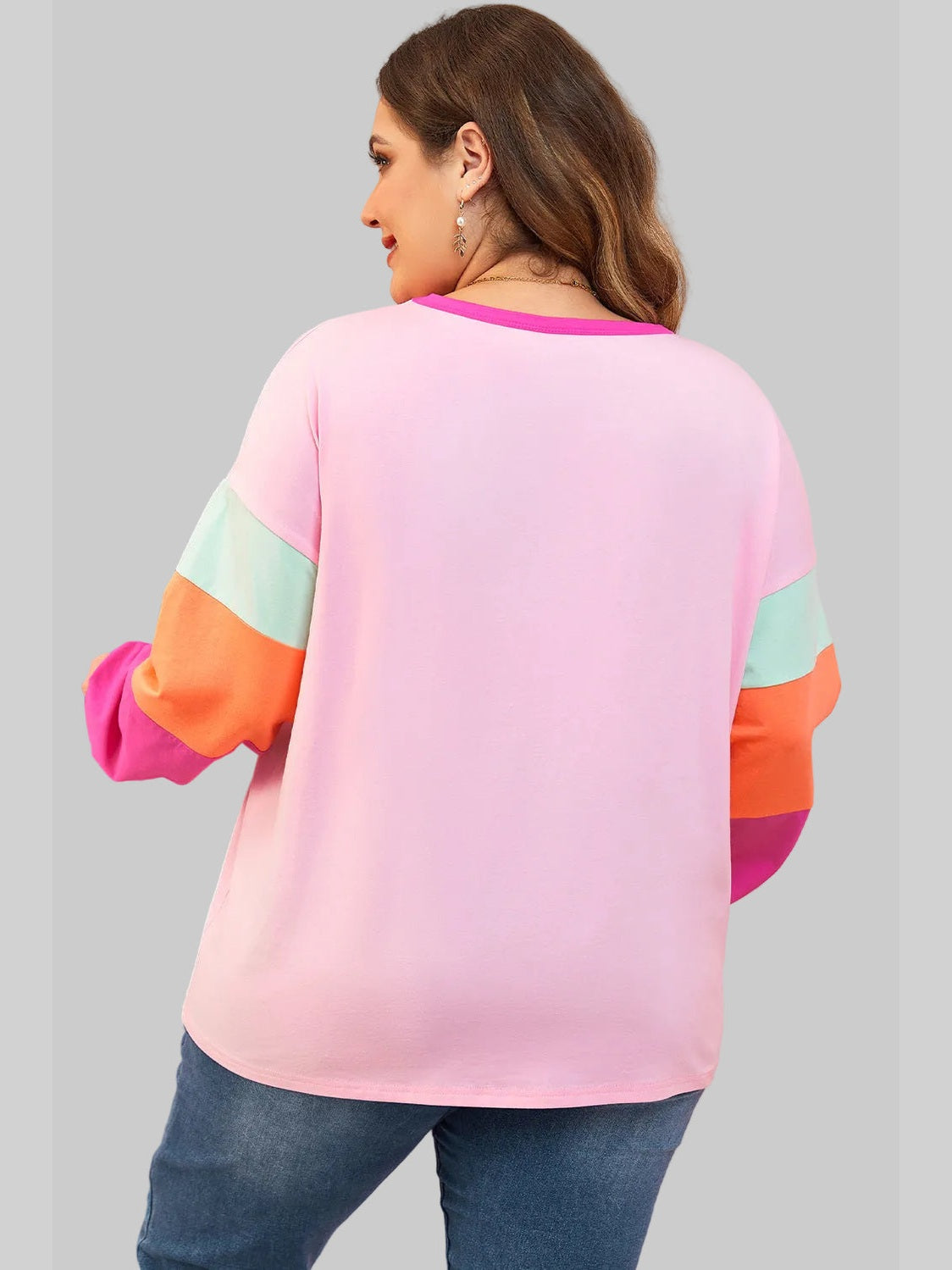 Plus Size Women Pink Colorblock Patchwork Long Sleeve Top