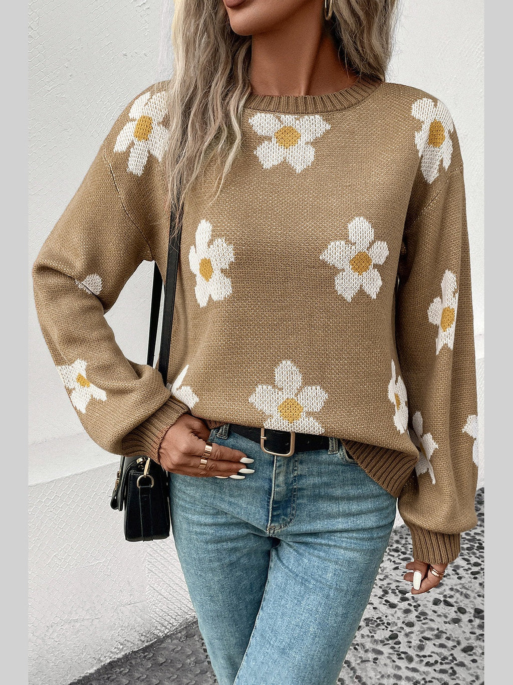 Perfee Floral Dropped Shoulder Sweater