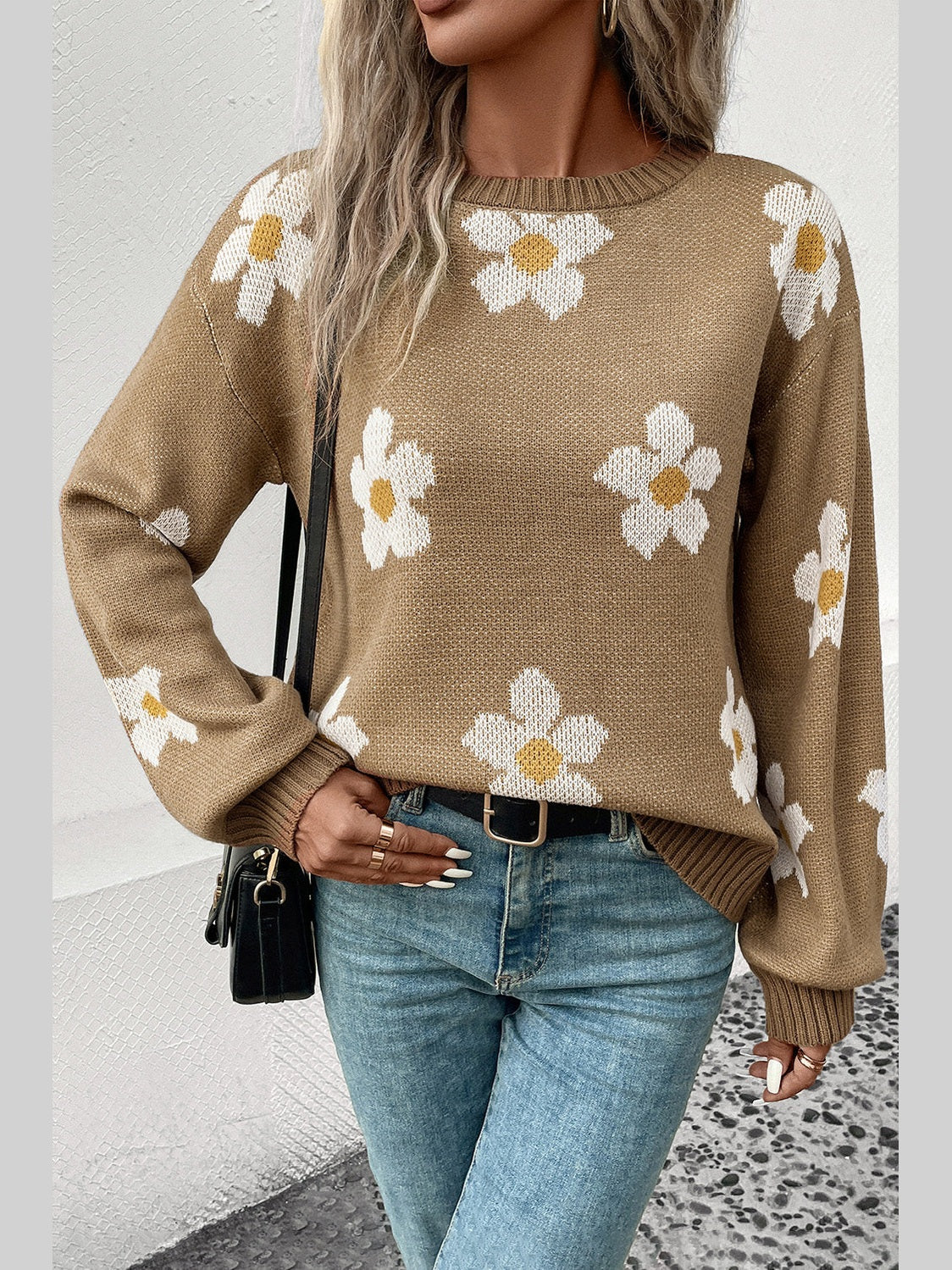 Perfee Floral Dropped Shoulder Sweater