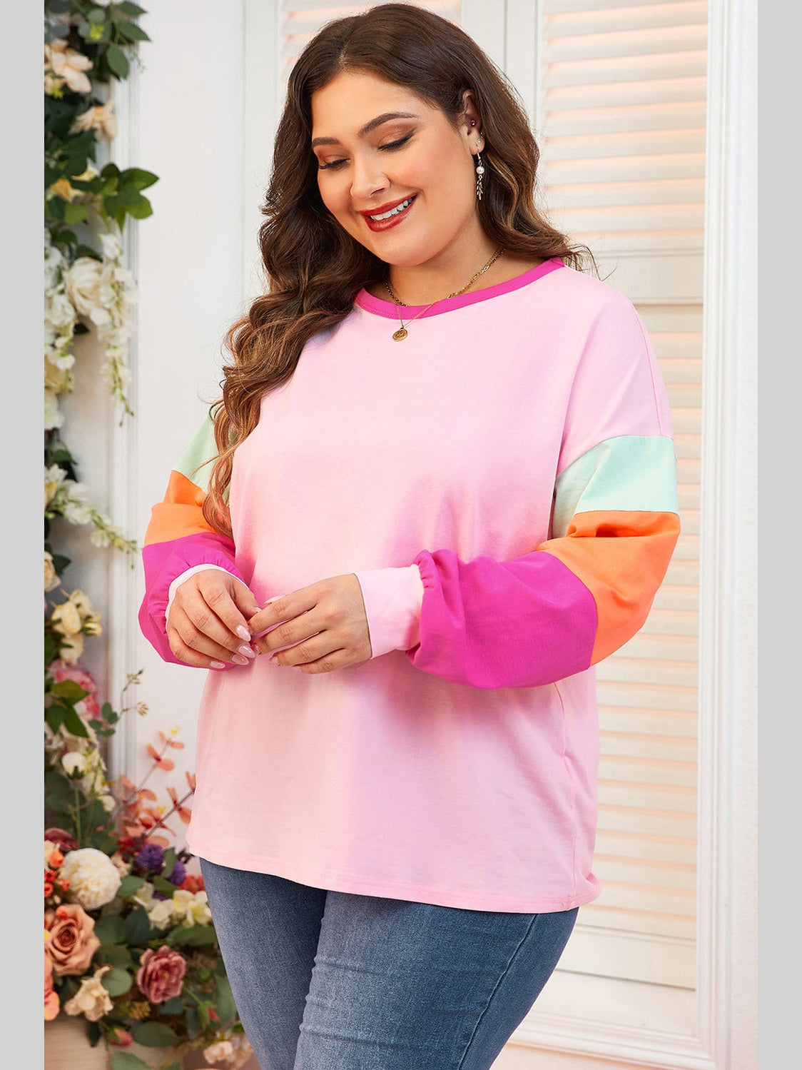 Plus Size Women Pink Colorblock Patchwork Long Sleeve Top