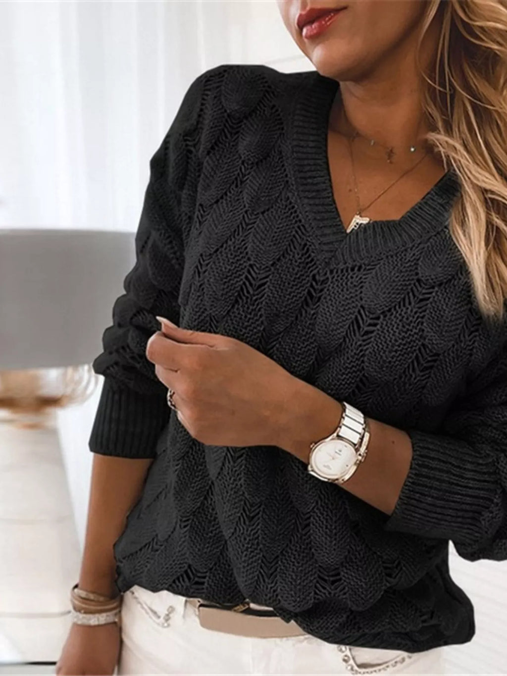 Women V-Neck Knitted Pullover Sweater