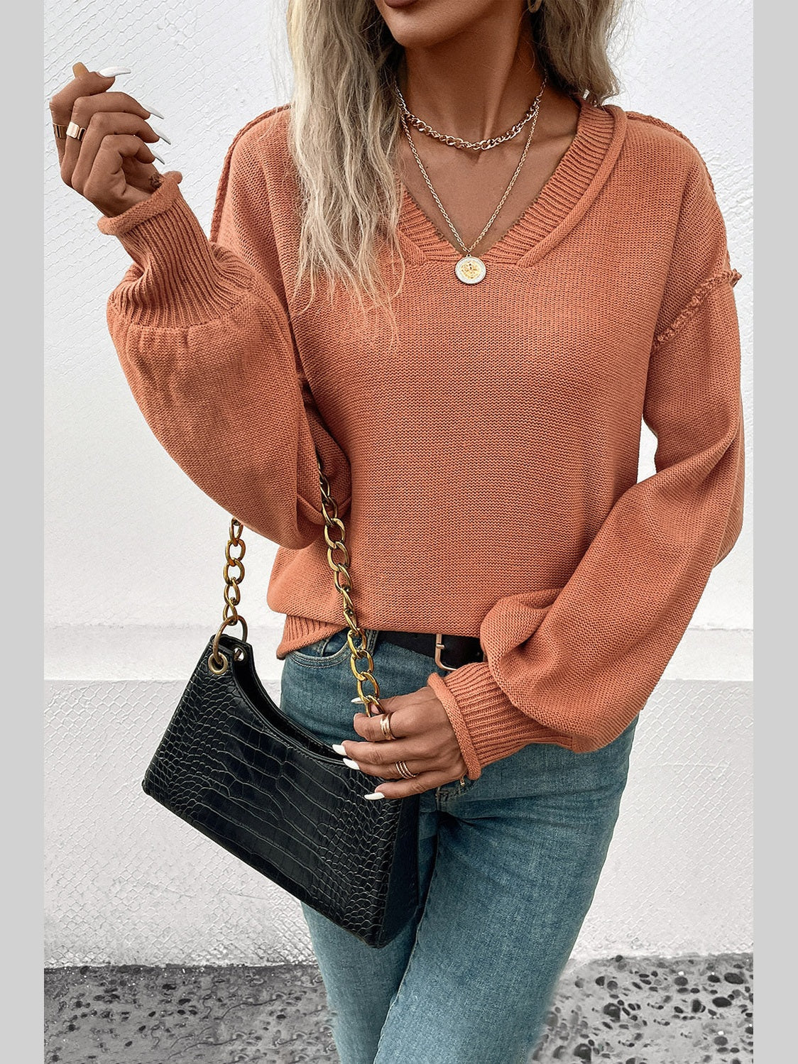 Perfee V-Neck Exposed Seam Sweater