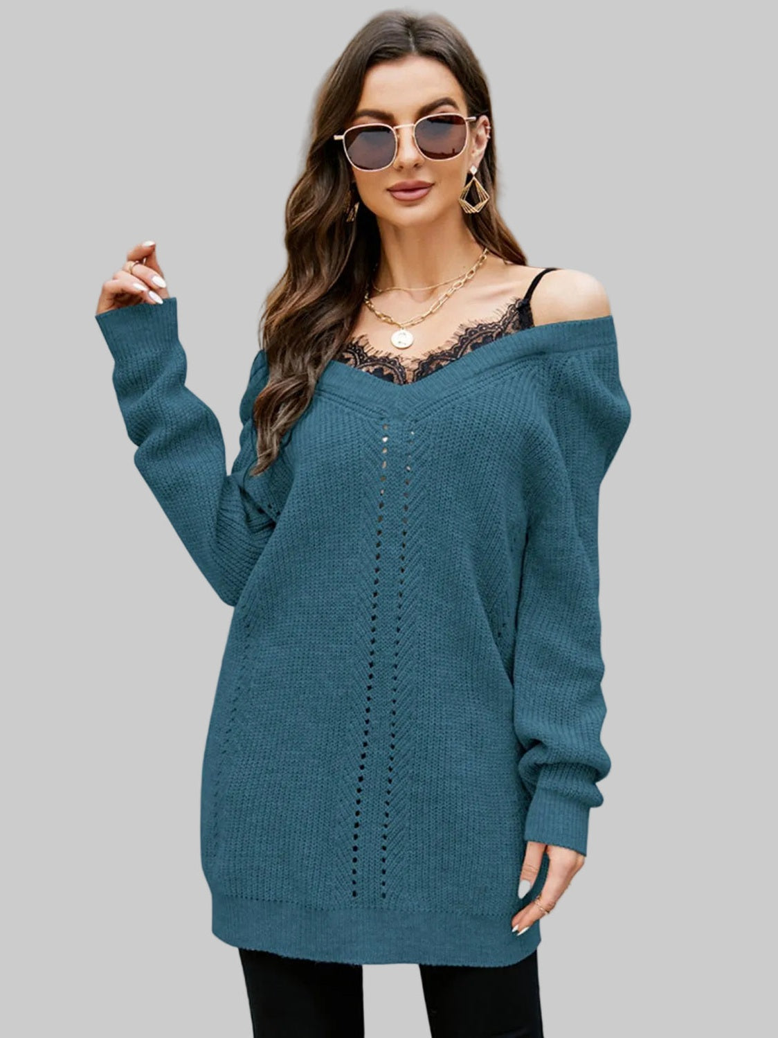 Women Openwork V-Neck Long Sleeve  Pullover Sweater