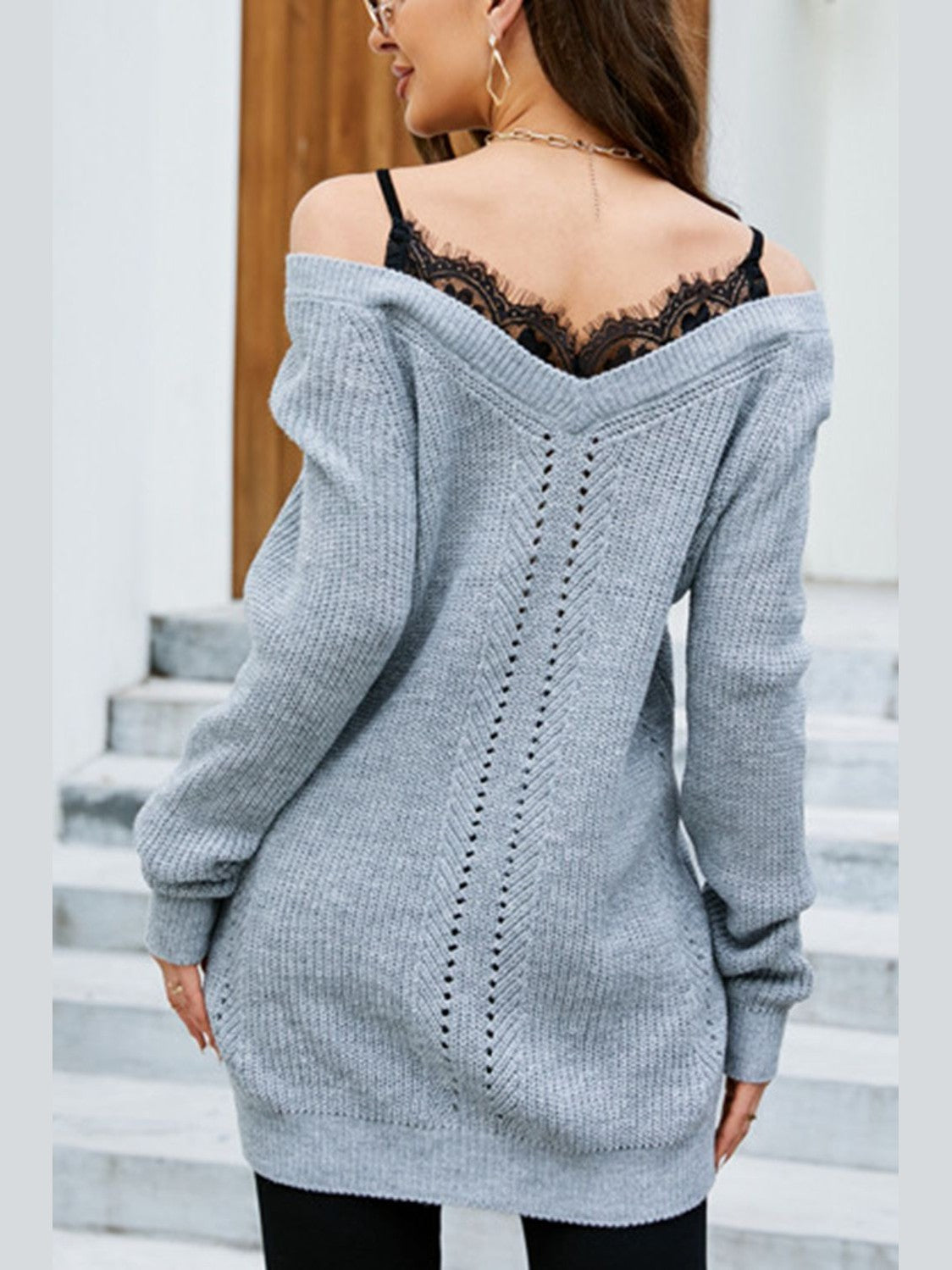 Women Openwork V-Neck Long Sleeve  Pullover Sweater