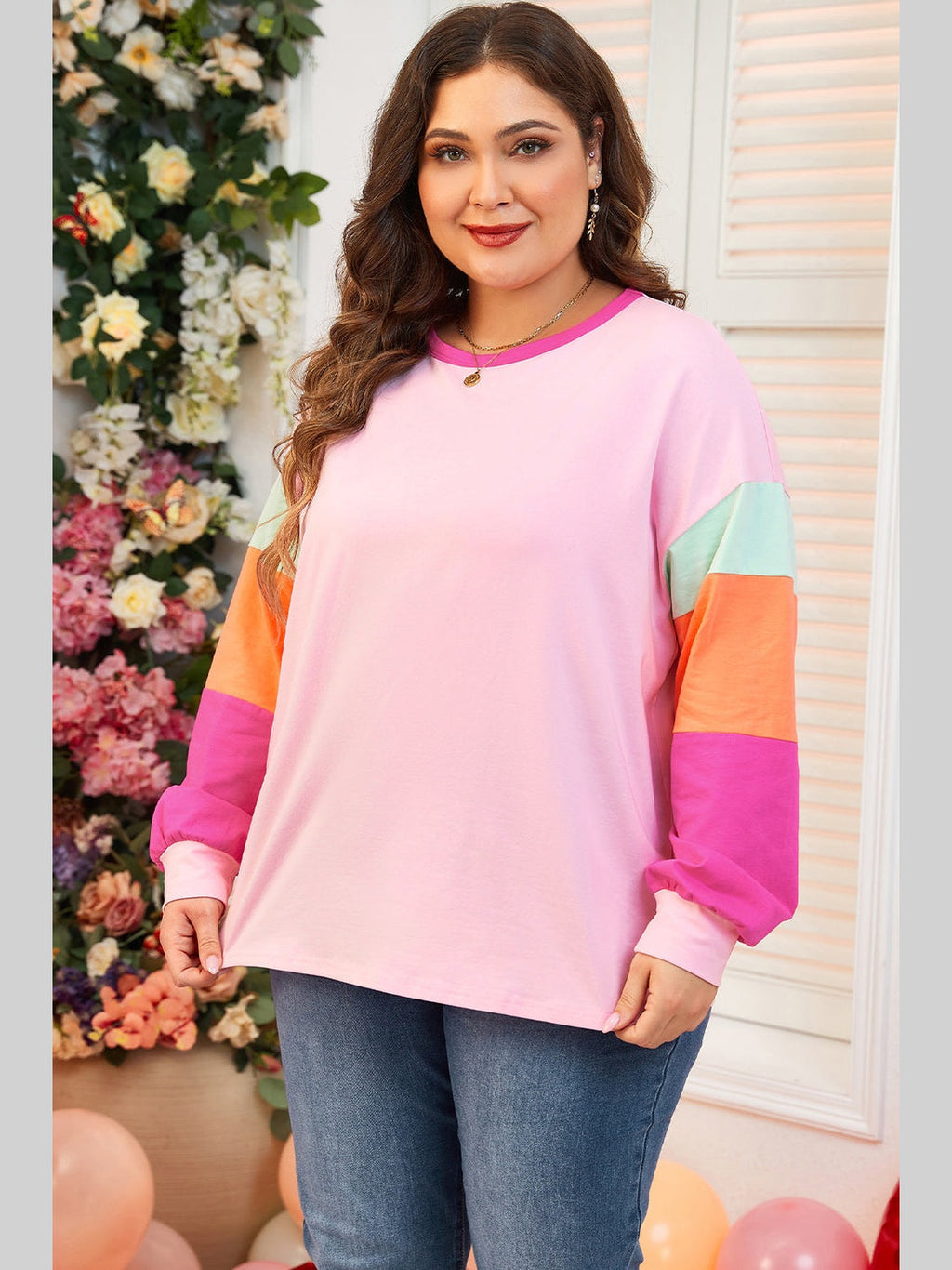Plus Size Women Pink Colorblock Patchwork Long Sleeve Top