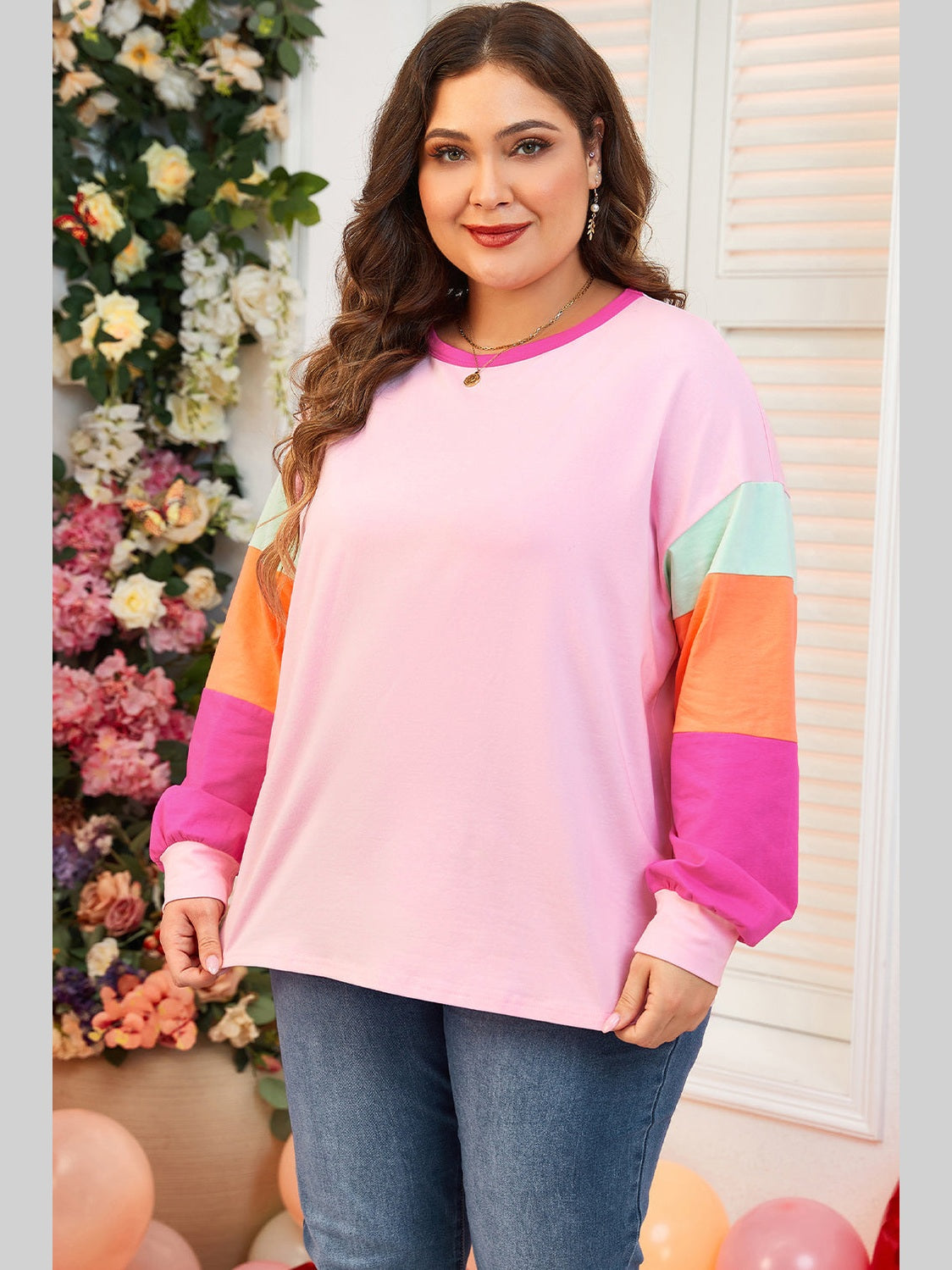 Plus Size Women Pink Colorblock Patchwork Long Sleeve Top
