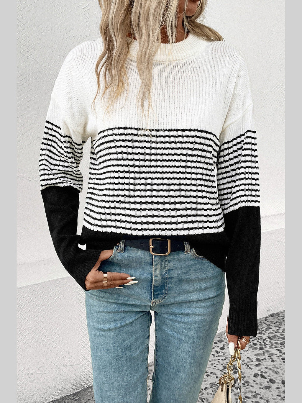 Perfee Striped Drop Shoulder Sweater