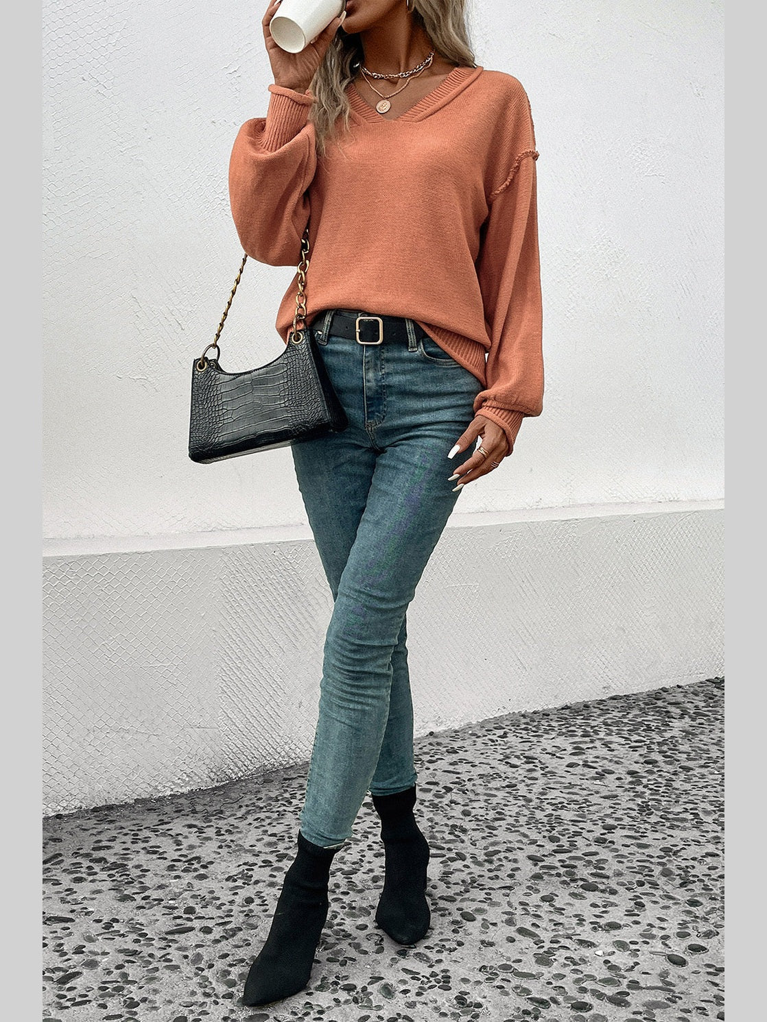 Perfee V-Neck Exposed Seam Sweater