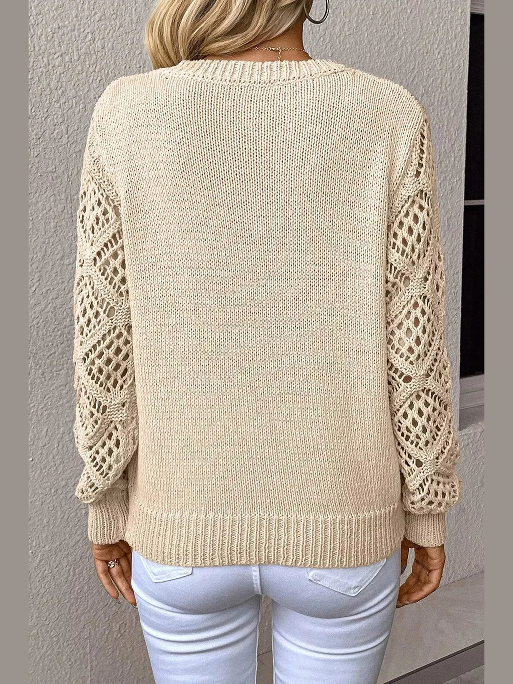 Women V-Neck Crochet Sleeve Sweater
