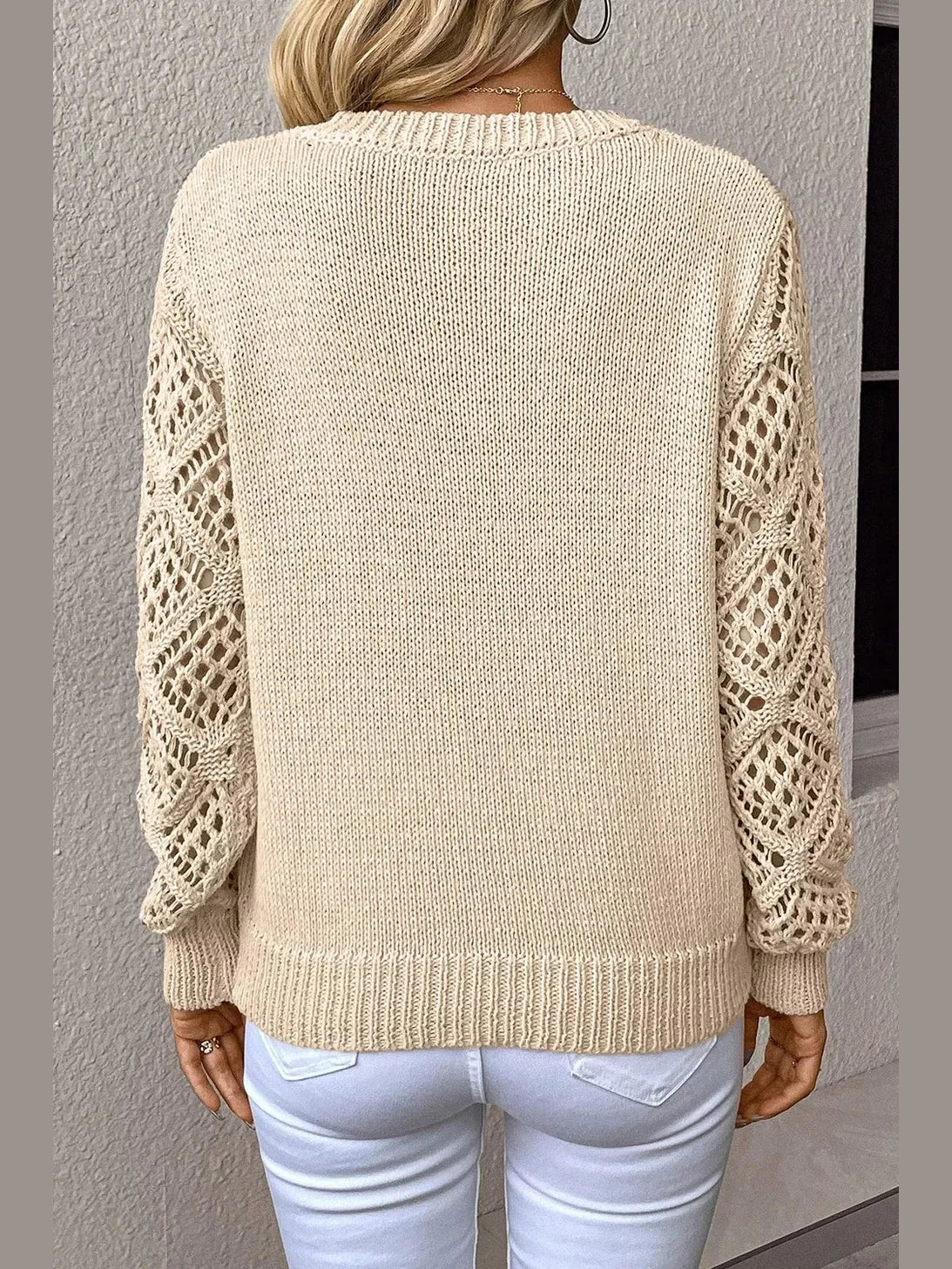 Women V-Neck Crochet Sleeve Sweater