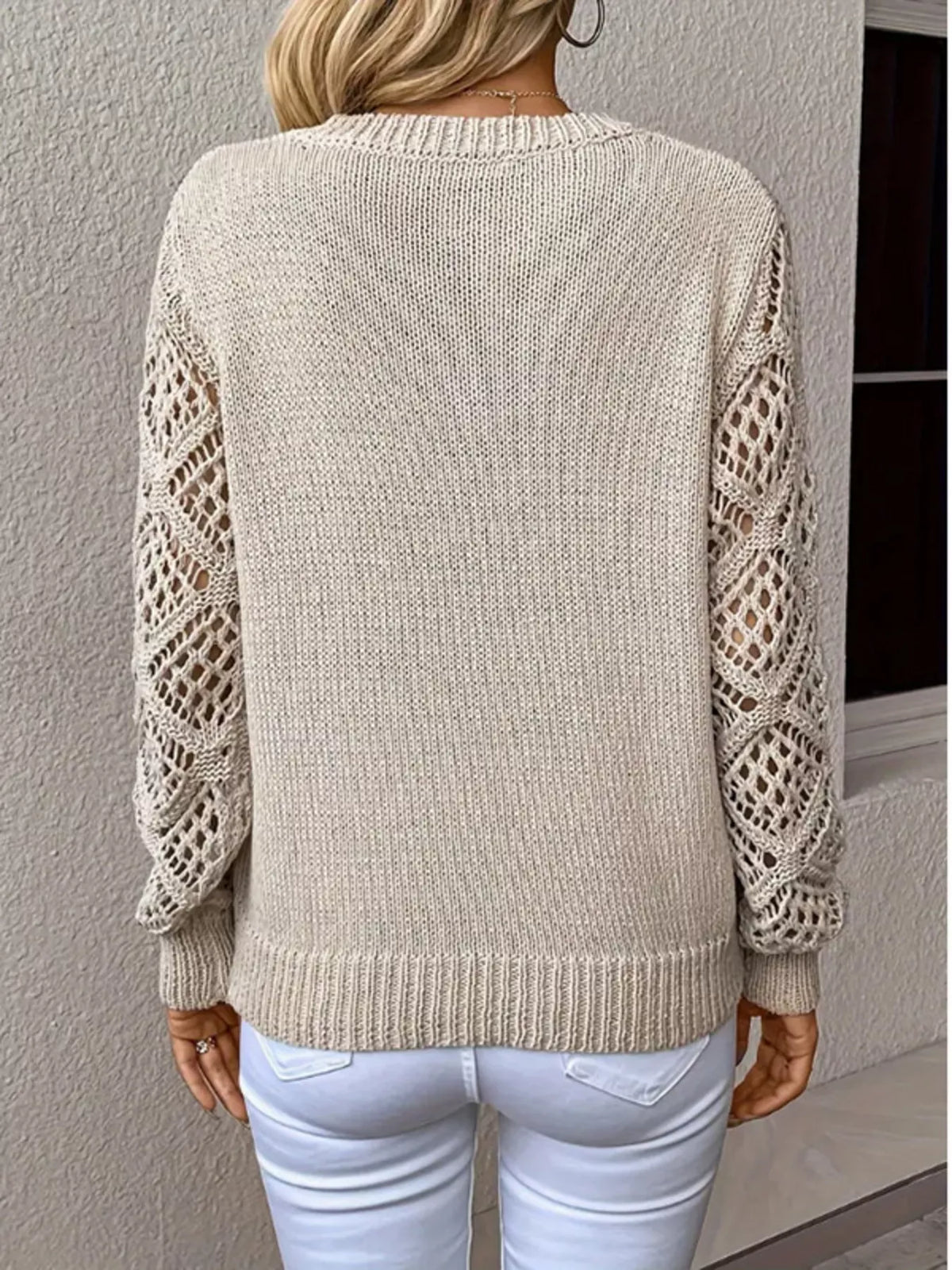 Women V-Neck Hollow-Out Sleeve Knit Pullover Sweater