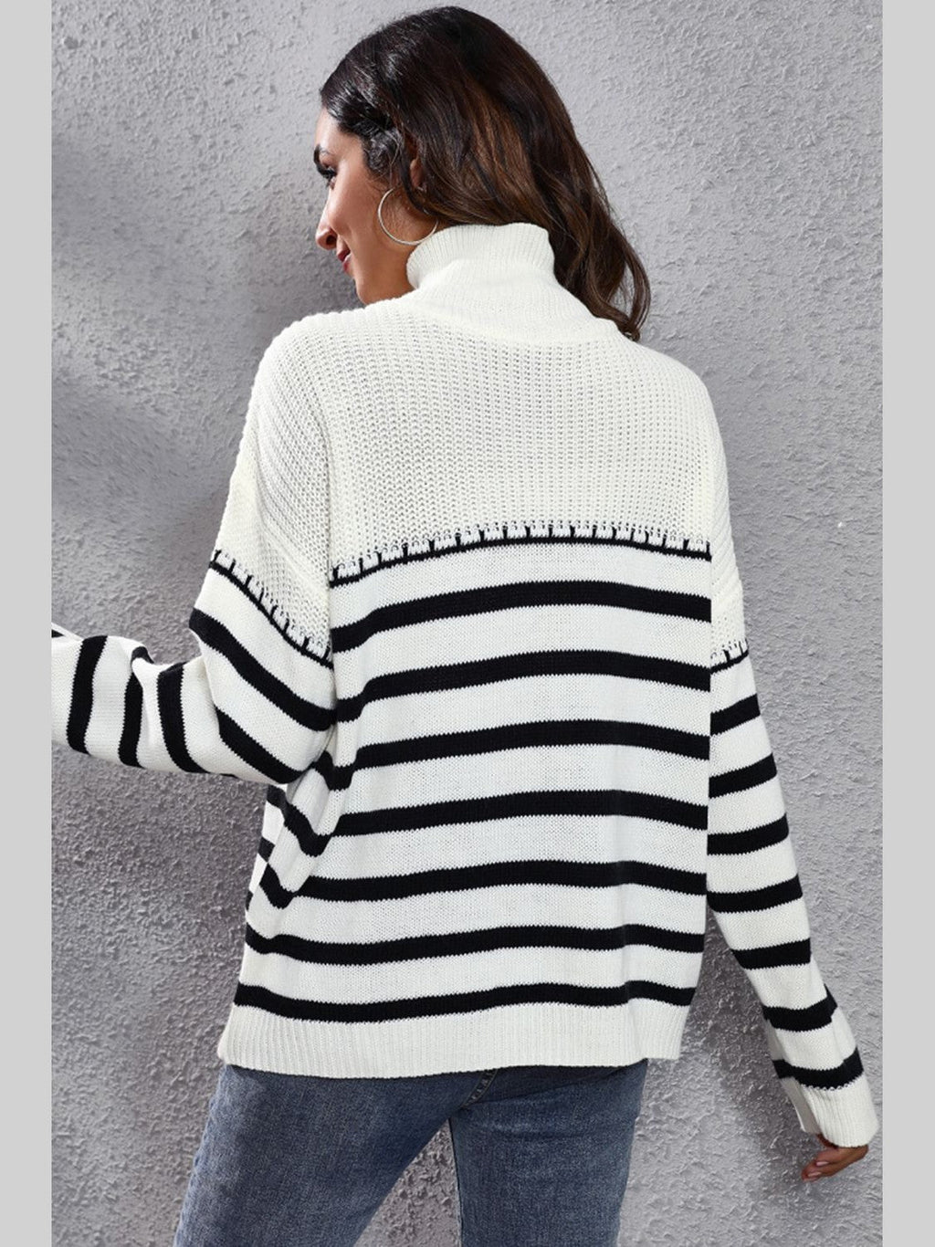 Striped Turtleneck Drop Shoulder Sweater