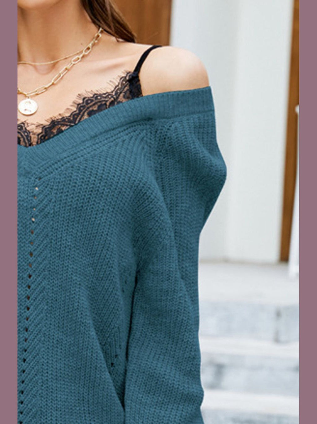 Women Openwork V-Neck Long Sleeve  Pullover Sweater