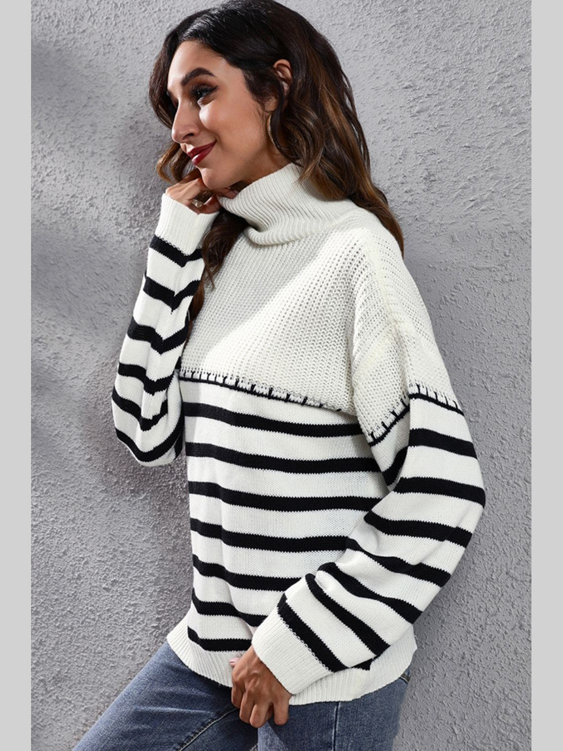 Striped Turtleneck Drop Shoulder Sweater