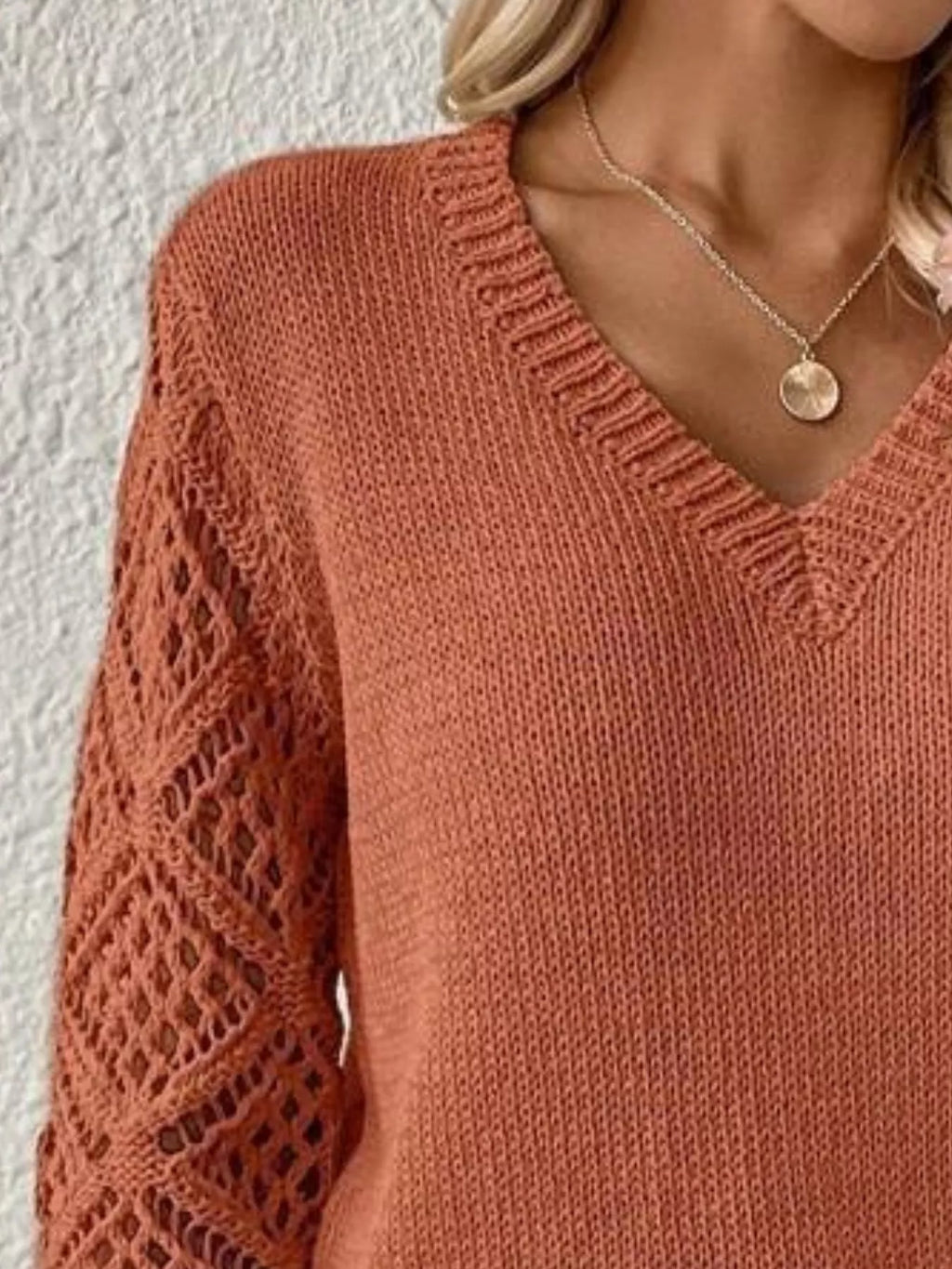Women V-Neck Hollow-Out Sleeve Knit Pullover Sweater