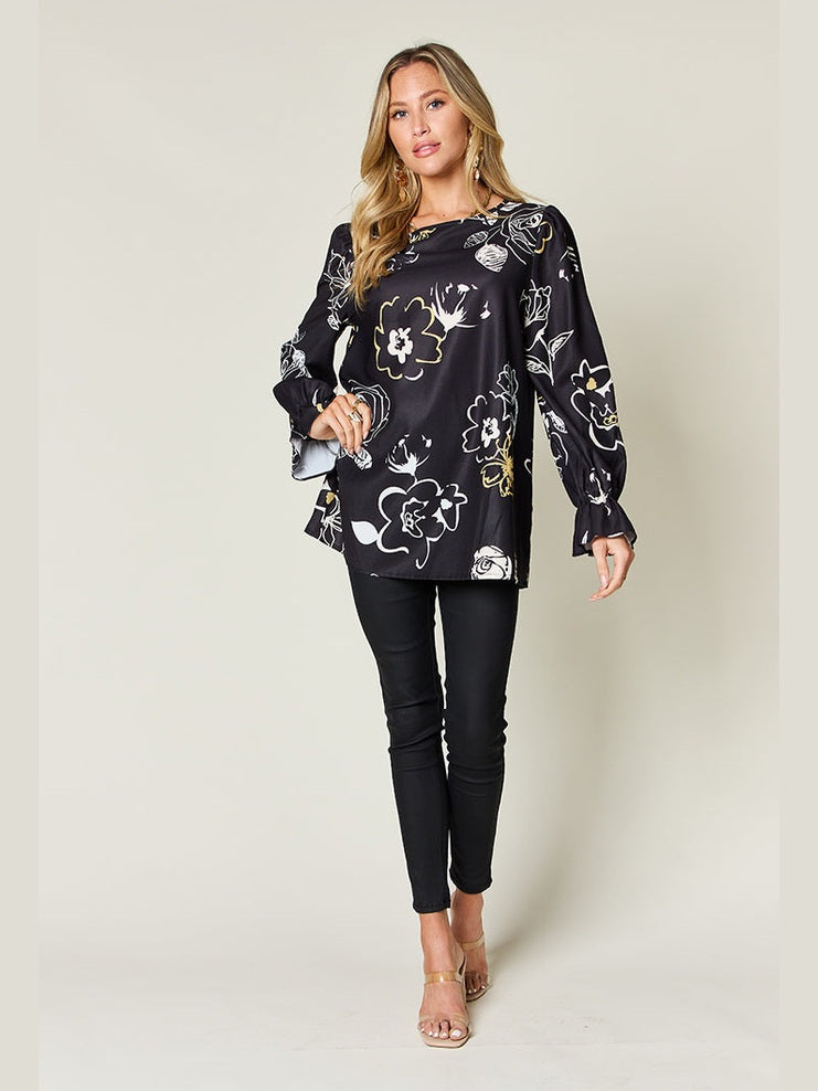Women Double Take Full Size Printed Flounce Sleeve Blouse