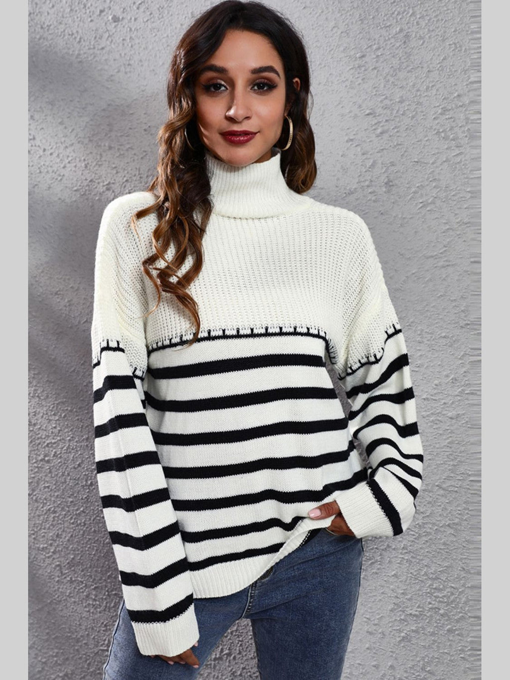 Striped Turtleneck Drop Shoulder Sweater