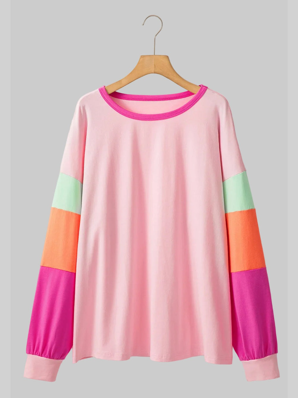 Plus Size Women Pink Colorblock Patchwork Long Sleeve Top
