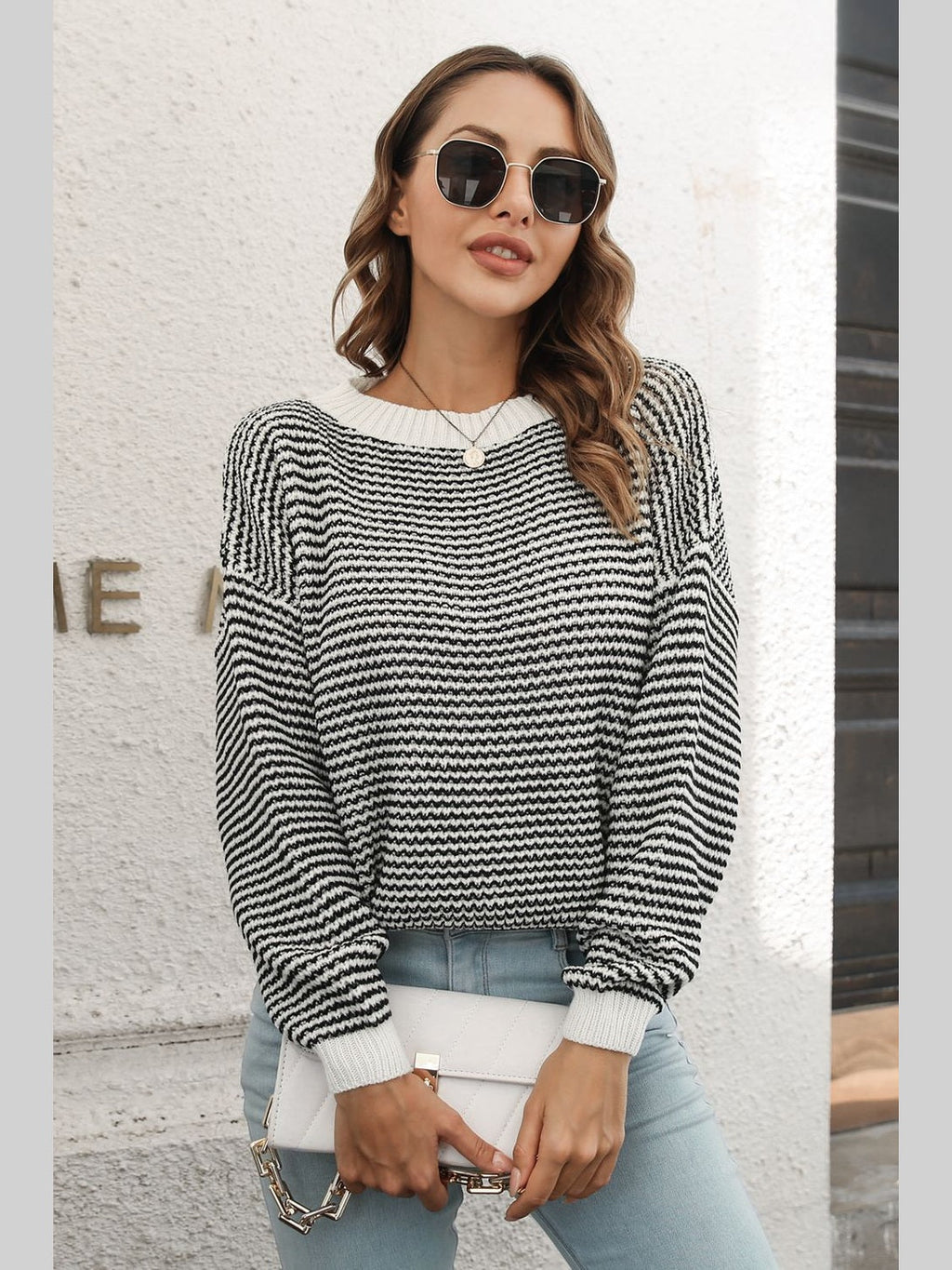 Striped Round Neck Dropped Shoulder Sweater