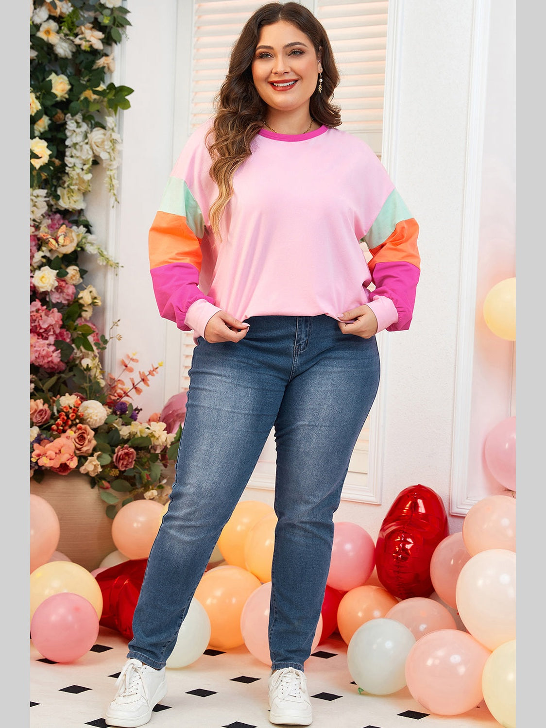 Plus Size Women Pink Colorblock Patchwork Long Sleeve Top