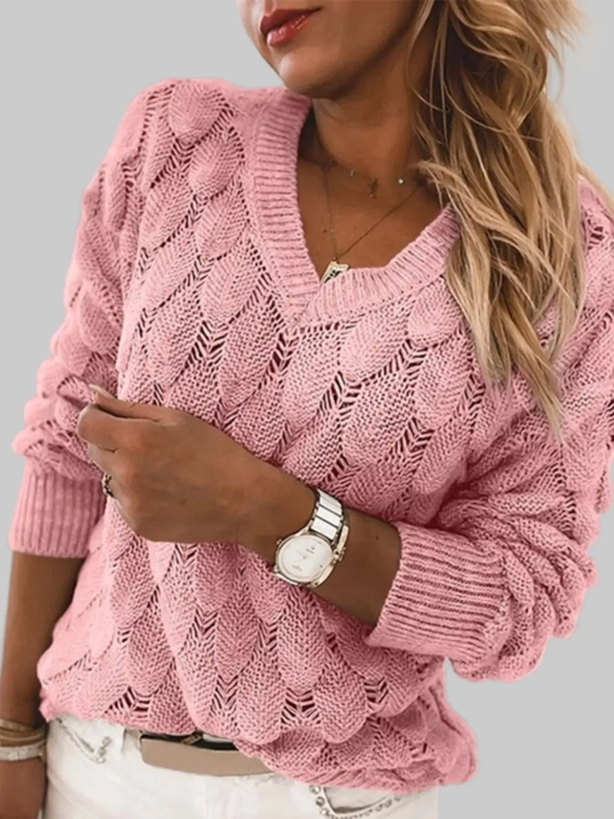 Women V-Neck Knitted Pullover Sweater